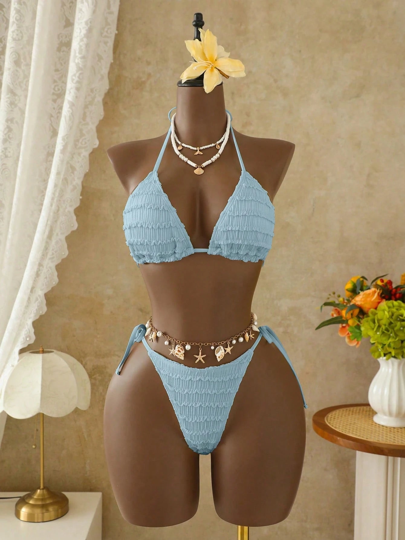 Bellisia Women's Pale Yellow 3 Pieces Bikini Set With Skirt,Summer
