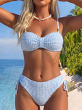 Swim Lushoire Fresh Blue & White Textured Plaid Bikini, Bandeau Twist