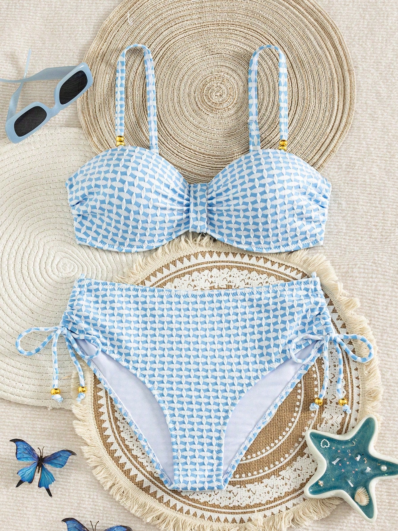 Swim Lushoire Fresh Blue & White Textured Plaid Bikini, Bandeau Twist