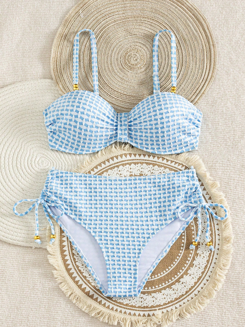 Swim Lushoire Fresh Blue & White Textured Plaid Bikini, Bandeau Twist