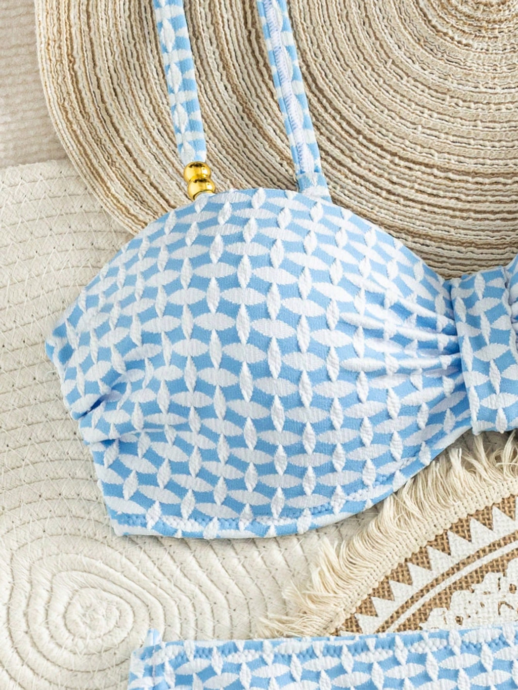 Swim Lushoire Fresh Blue & White Textured Plaid Bikini, Bandeau Twist