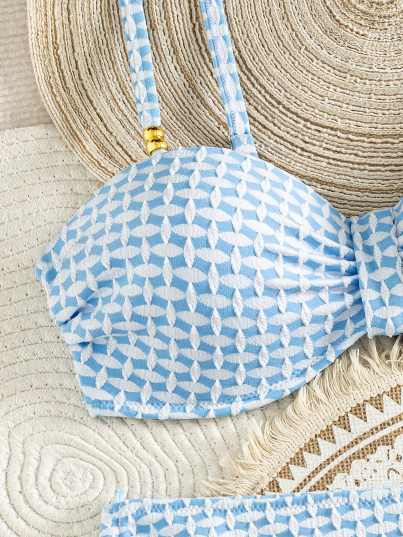 Swim Lushoire Fresh Blue & White Textured Plaid Bikini, Bandeau Twist