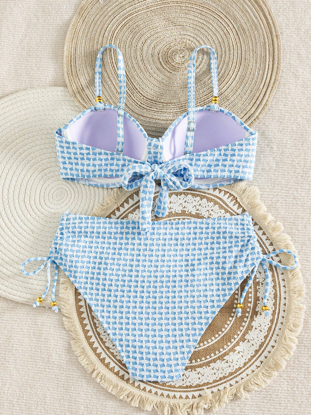 Swim Lushoire Fresh Blue & White Textured Plaid Bikini, Bandeau Twist