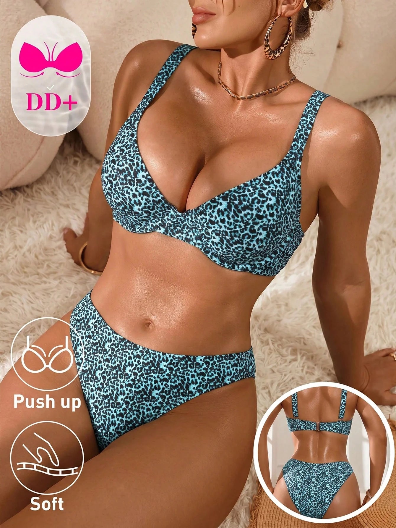 Swim DD+ Women's White With Black Polka Dots Bikini Set,70s Retro