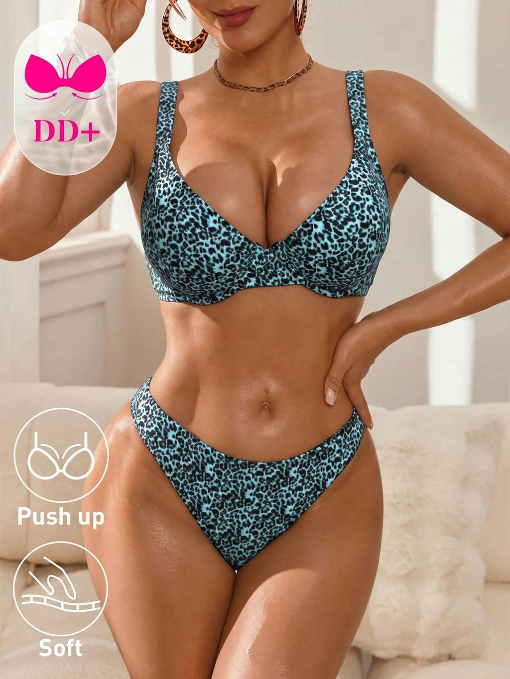 Swim DD+ Women's White With Black Polka Dots Bikini Set,70s Retro