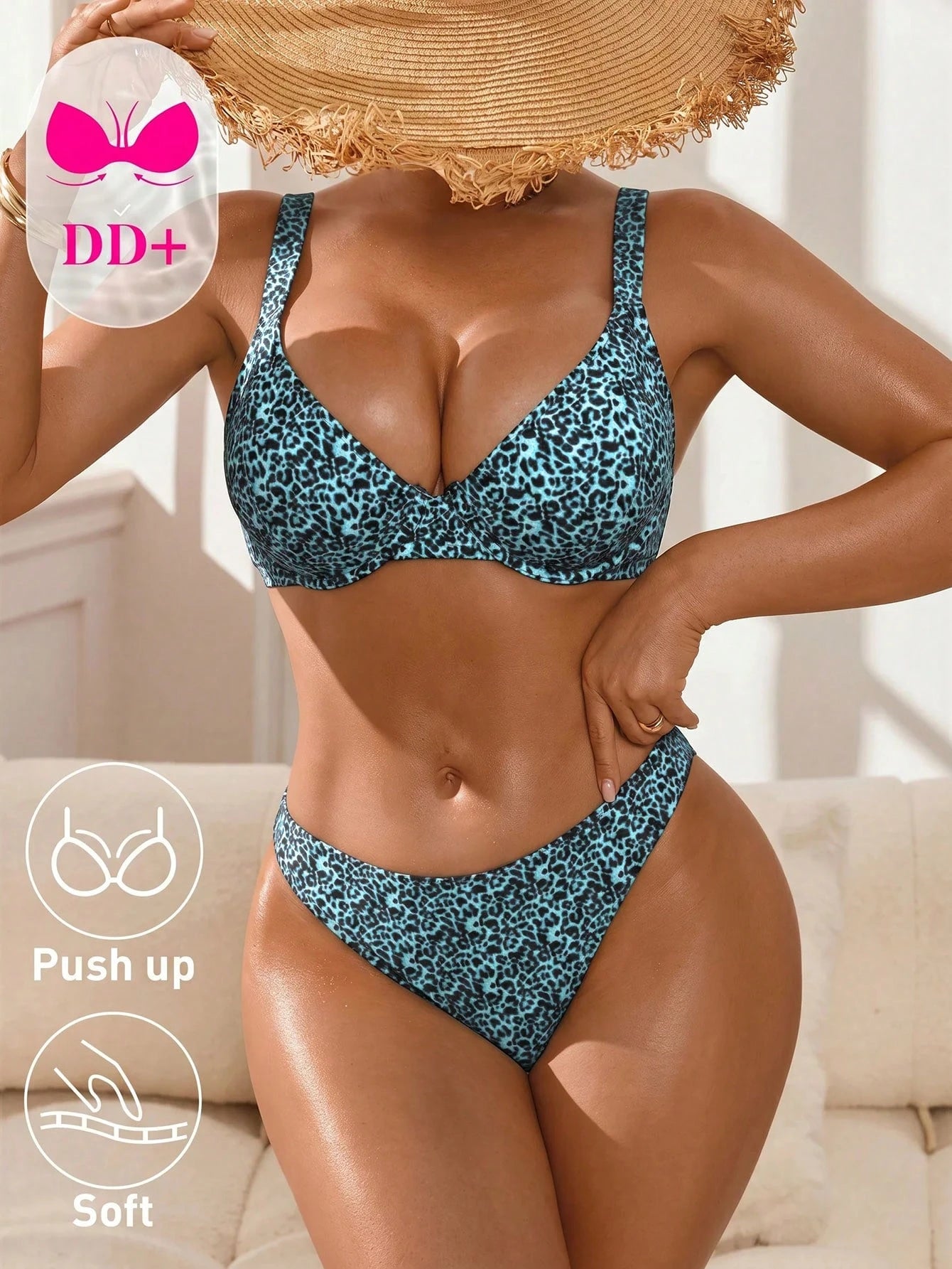 Swim DD+ Women's White With Black Polka Dots Bikini Set,70s Retro