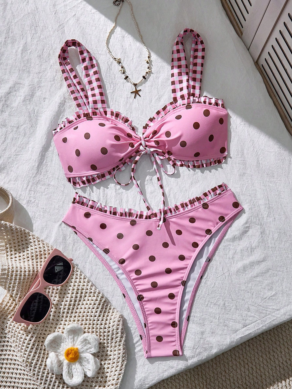 Swim Mod Women's Summer Beach Polka Dot Plaid Ruched Bikini Top And