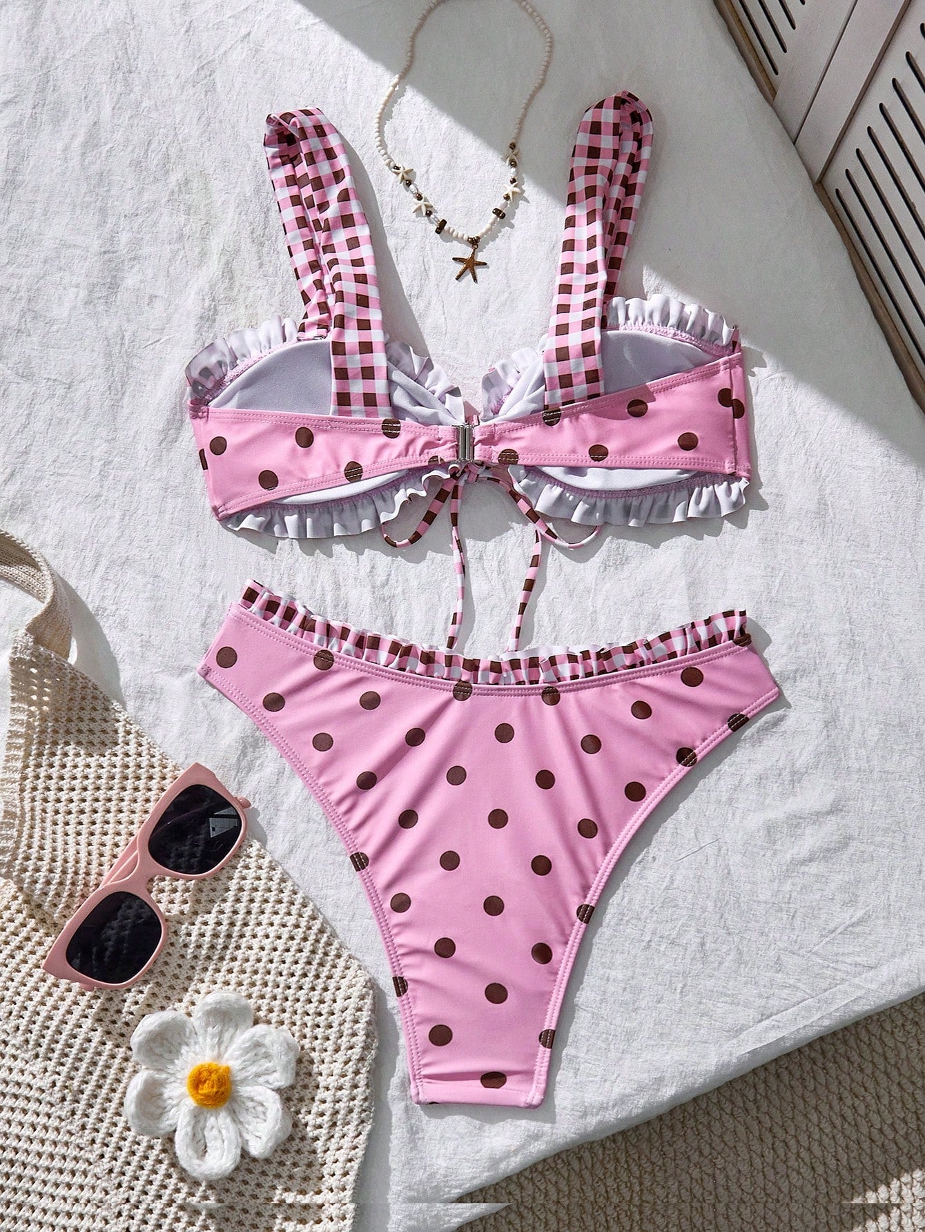Swim Mod Women's Summer Beach Polka Dot Plaid Ruched Bikini Top And