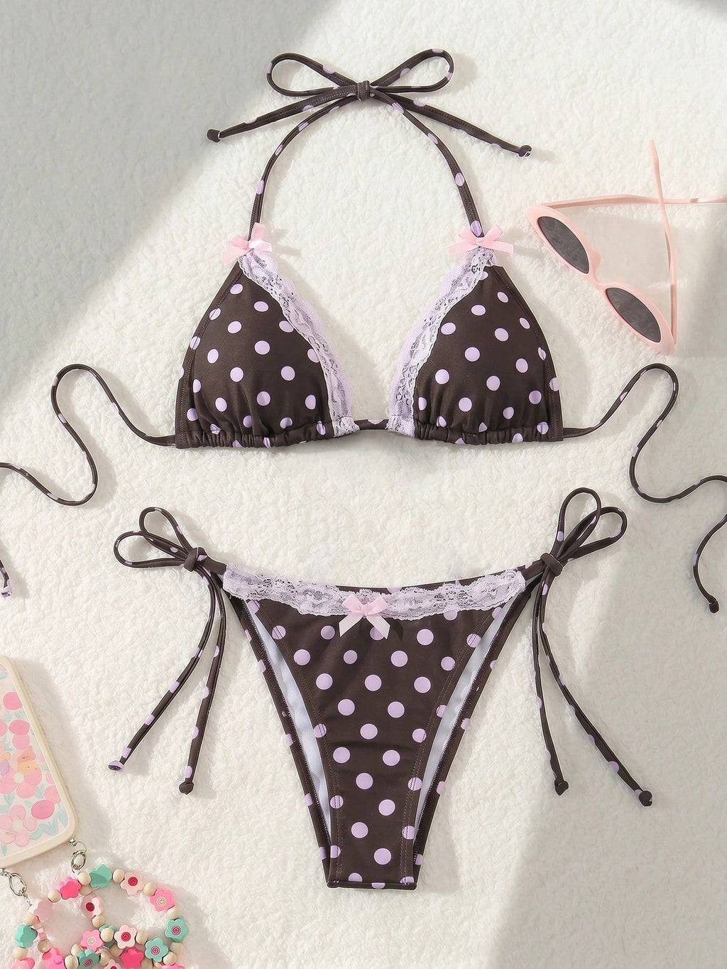Swim Mod Sexy & Cute Lace Bow Accent Triangle Bikini For Bikini Party