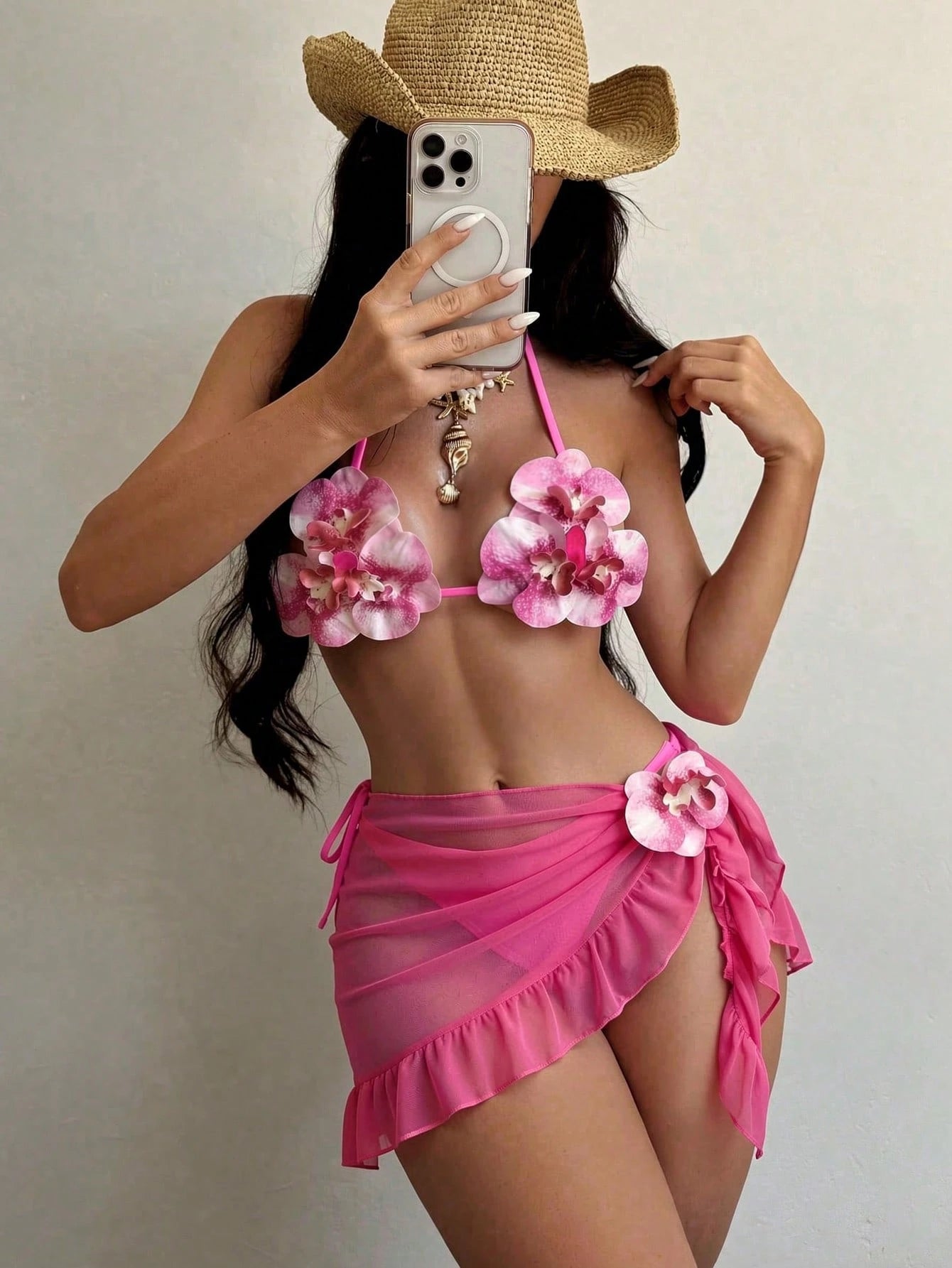 Swim SXY New Fashionable 3pcs/Set 3D Orchid Halter Bikini Top, Tie-Up Triangle B