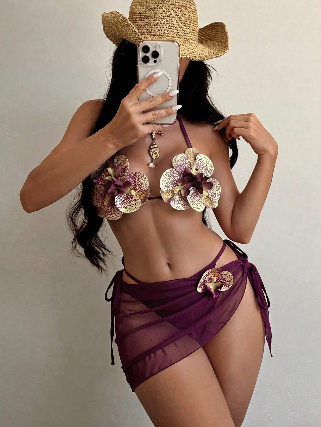 Swim SXY New Fashionable 3pcs/Set 3D Orchid Halter Bikini Top, Tie-Up Triangle B