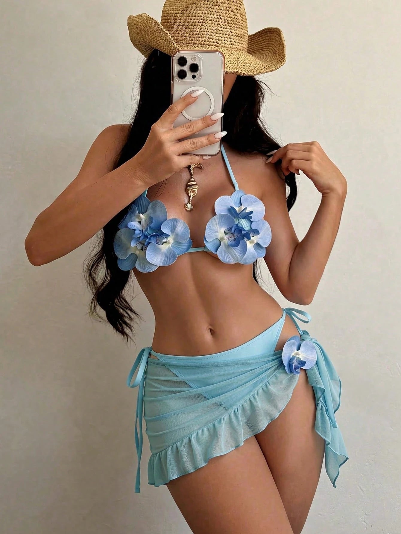 Swim SXY New Fashionable 3pcs/Set 3D Orchid Halter Bikini Top, Tie-Up Triangle B