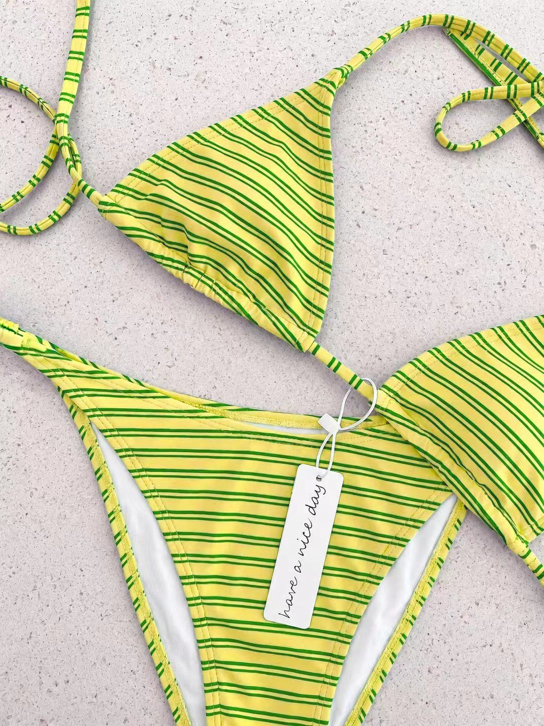 Vintage Orange Striped Halter Neck Swimsuit Set, Sexy Push-Up High