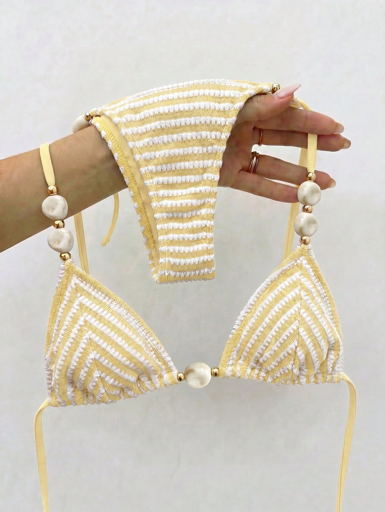 Bikinx Women's Striped Color-Block Textured Halter Bikini With Beaded
