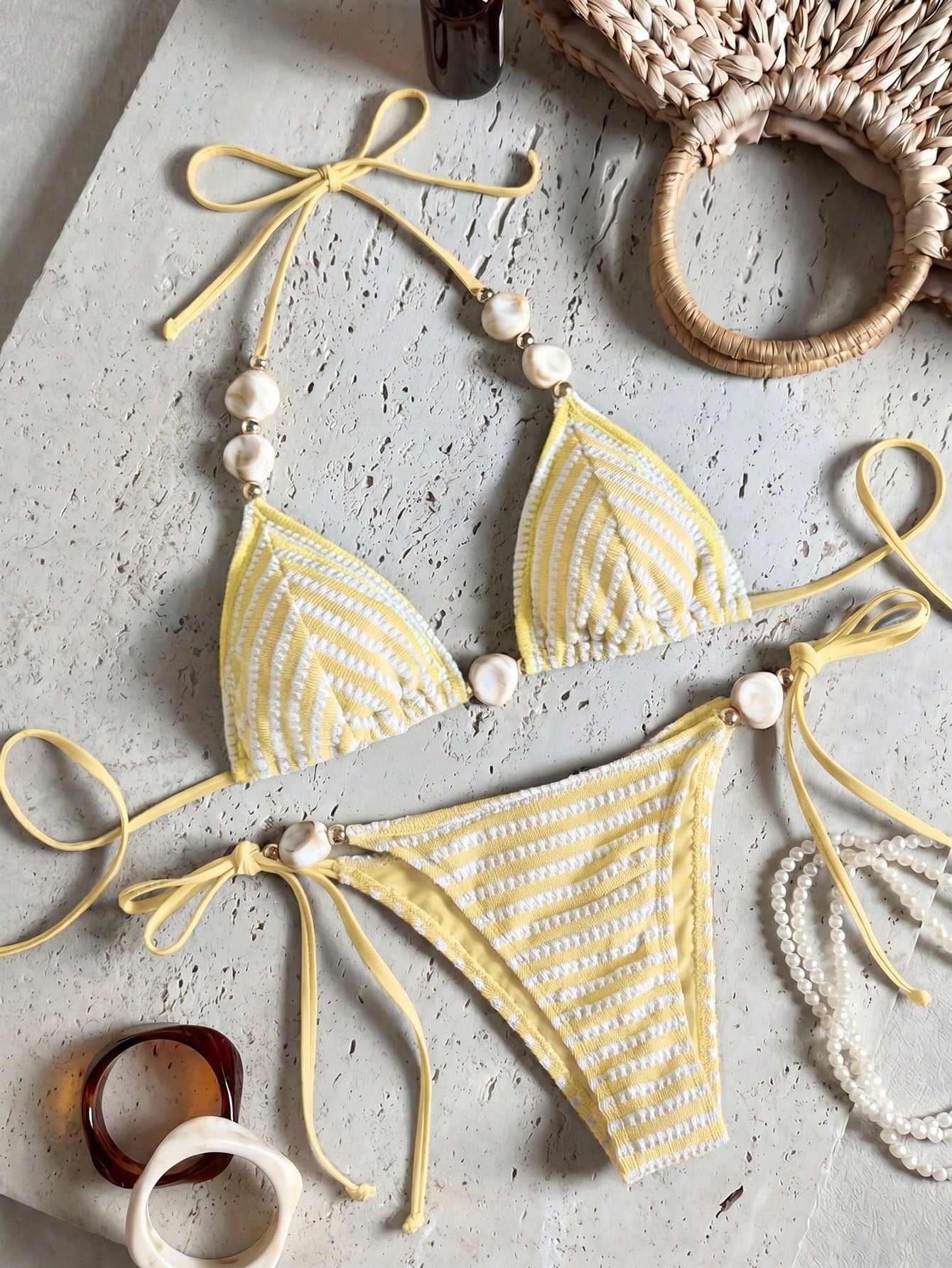 Bikinx Women's Striped Color-Block Textured Halter Bikini With Beaded