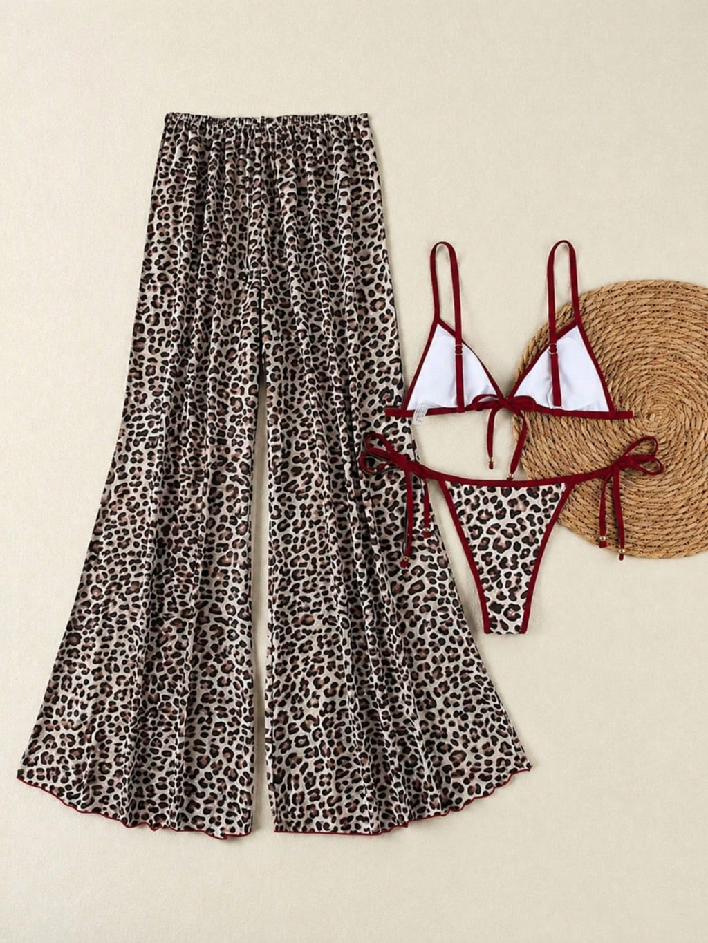 Women's New Sexy Zebra Print Bikini Set With Coverup And Flare Pants,