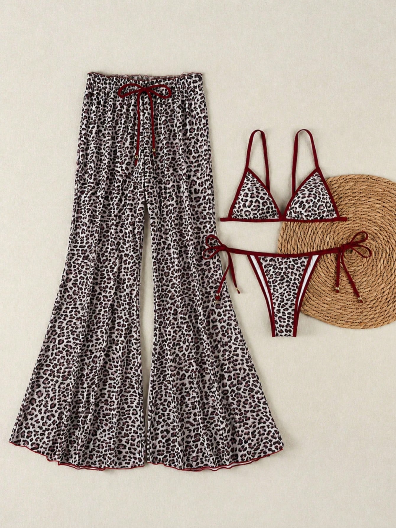 Women's New Sexy Zebra Print Bikini Set With Coverup And Flare Pants,