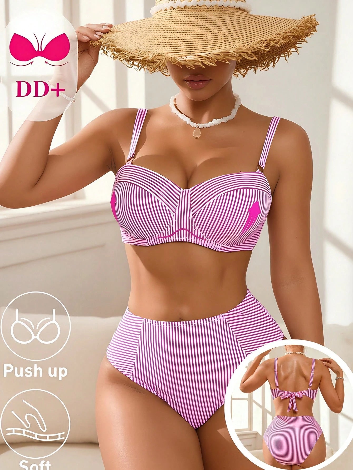 Swim DD+ Women's Blue Striped Underwire DD+ Cup Supportive Bust
