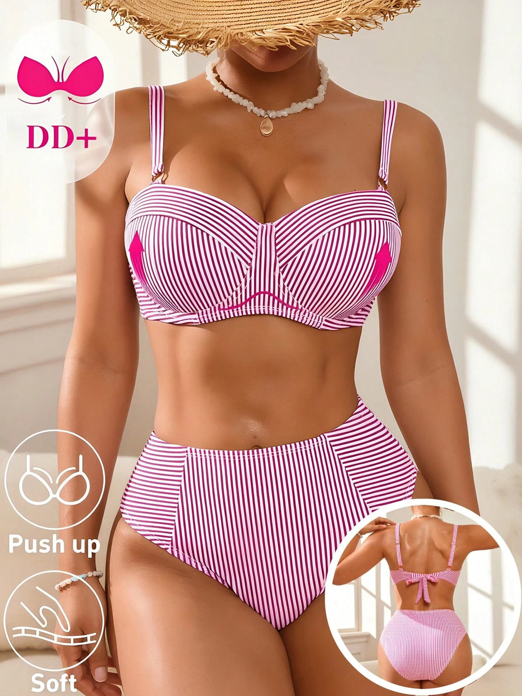Swim DD+ Women's Blue Striped Underwire DD+ Cup Supportive Bust