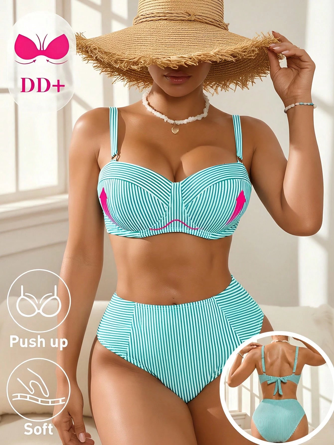 Swim DD+ Women's Blue Striped Underwire DD+ Cup Supportive Bust