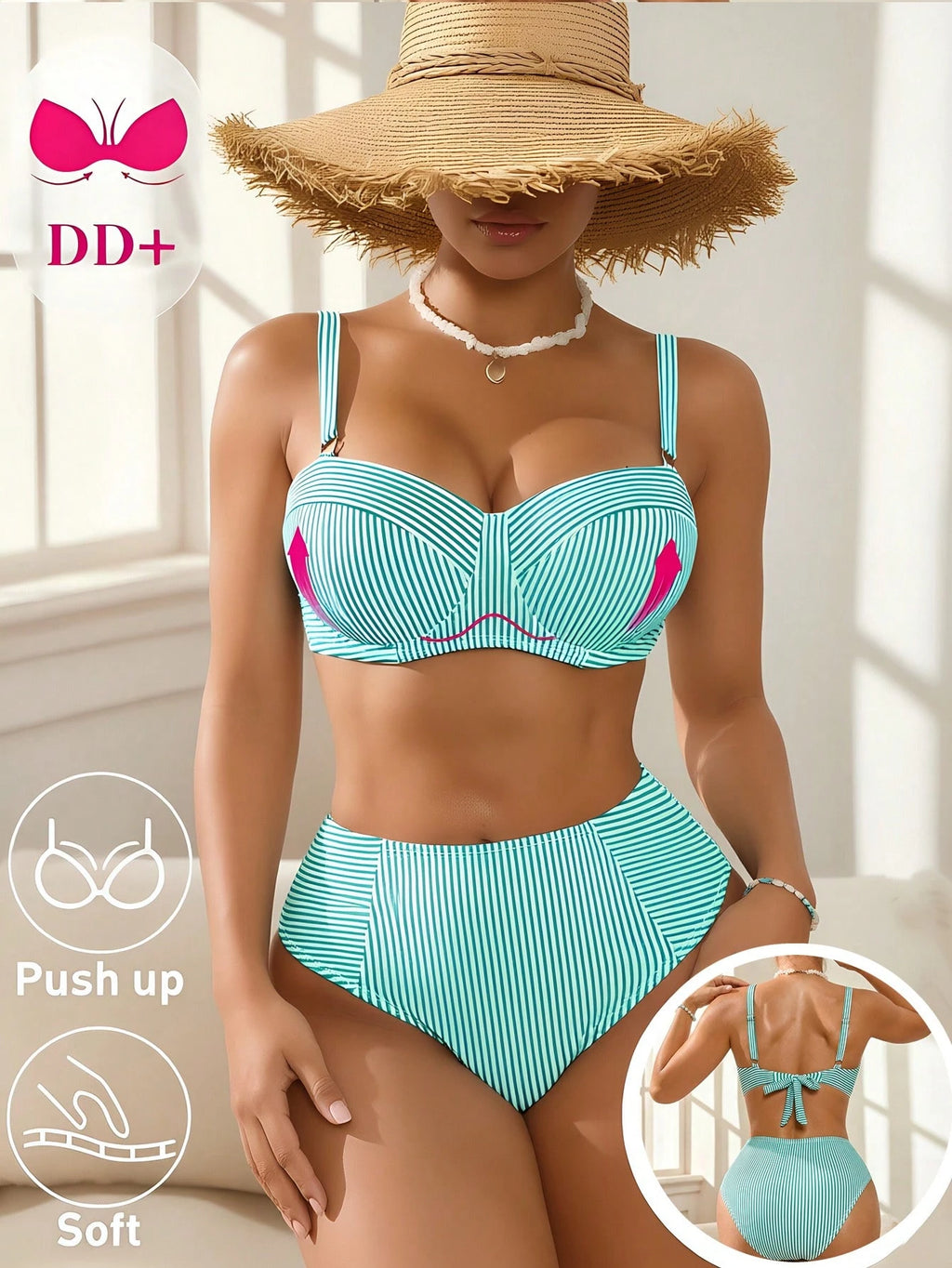 Swim DD+ Women's Blue Striped Underwire DD+ Cup Supportive Bust