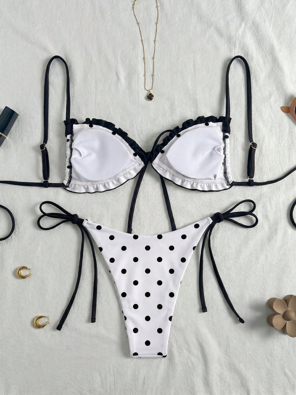 Swim Vcay New Spring/Summer Beach Pool Party Vacation Fashion Sexy Cute Polka Dot Print Ruffle Drawstring - image 10