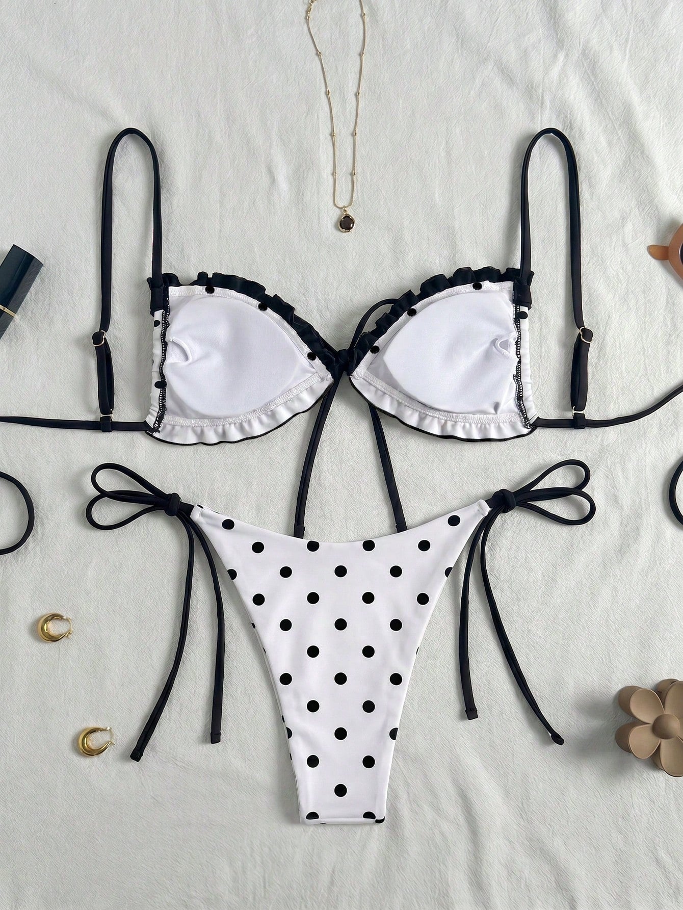 Swim Vcay New Spring/Summer Beach Pool Party Vacation Fashion Sexy Cute Polka Dot Print Ruffle Drawstring - image 10