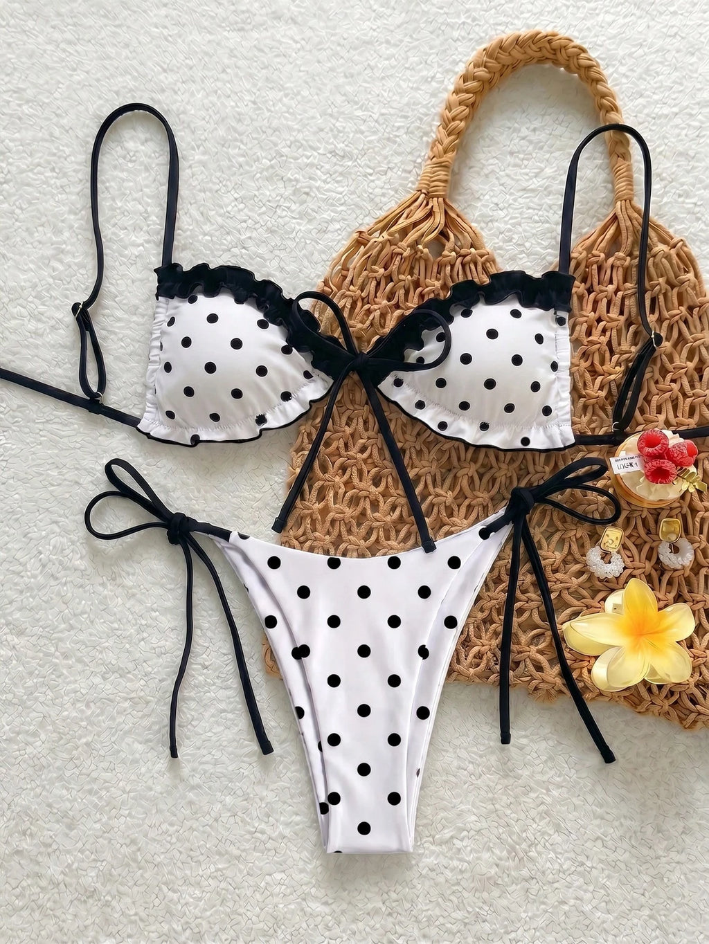 Swim Mod New Polka Dot Print Ruffled Halter Bikini Set, Sexy Cute