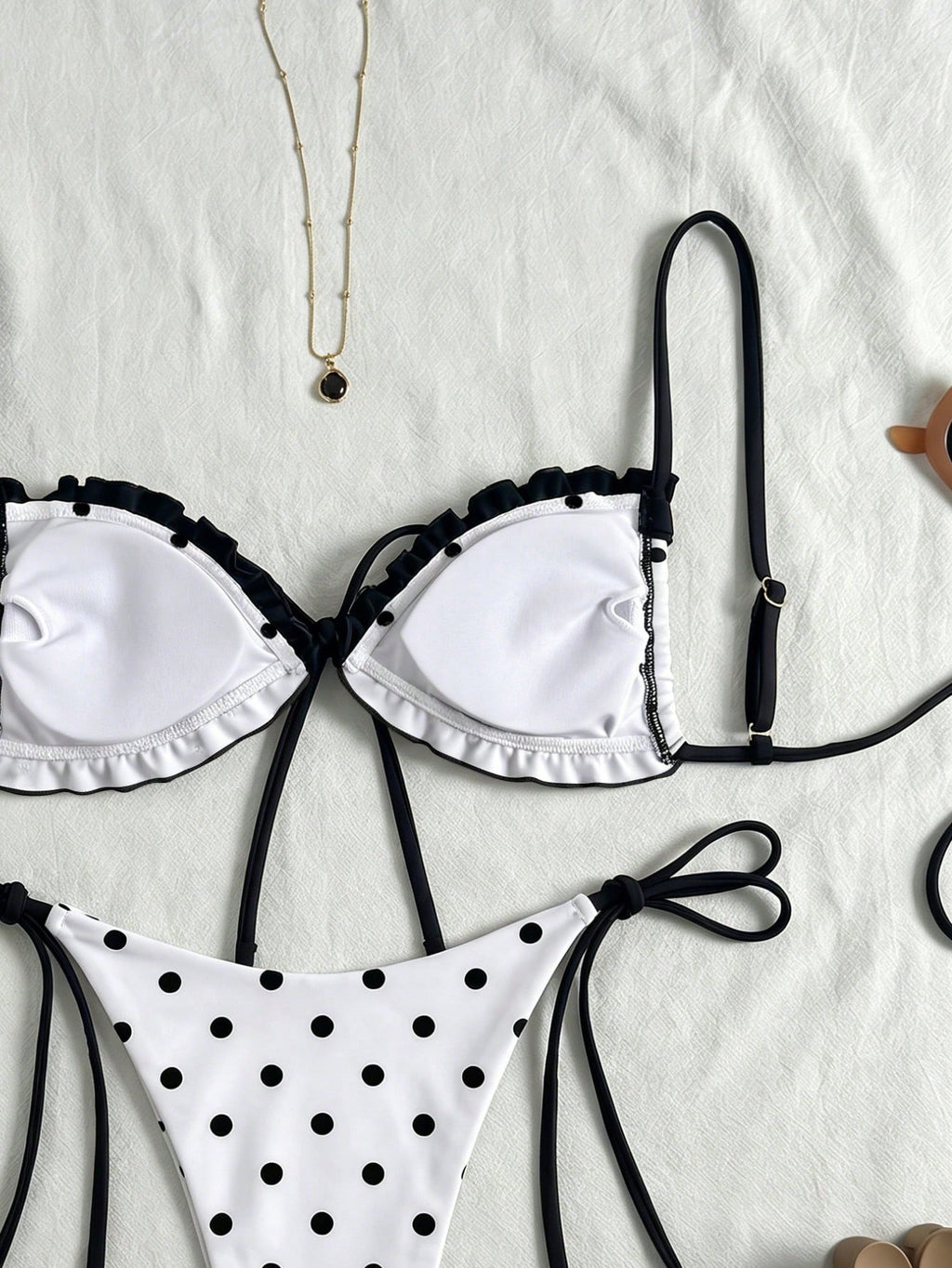 Swim Mod New Polka Dot Print Ruffled Halter Bikini Set, Sexy Cute
