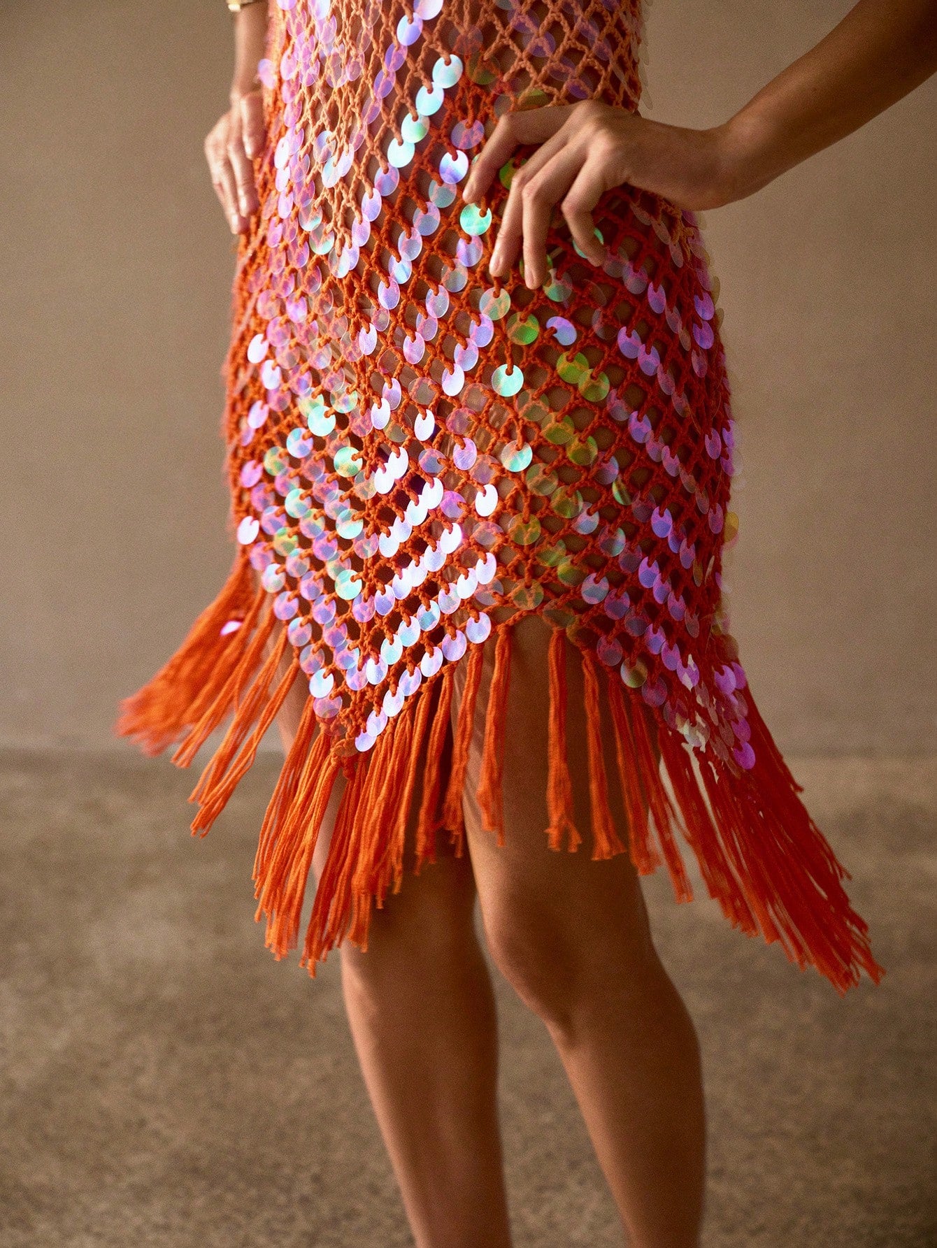 MOTF PREMIUM SEQUIN EMBELLISHED HANDMADE WOVEN HEM FLOWY TASSEL STRAPPY CAMI COVER-UP DRESS - image 12