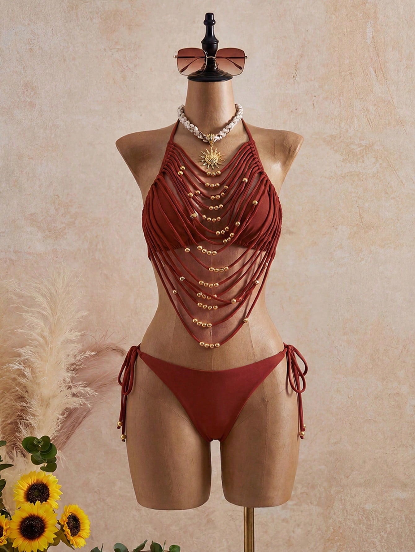 Swim Chiccia Spring Green Backless Hollow Out Beaded Tassel Decor Swimwear Set, Vacation Casual Summer Beach - image 16