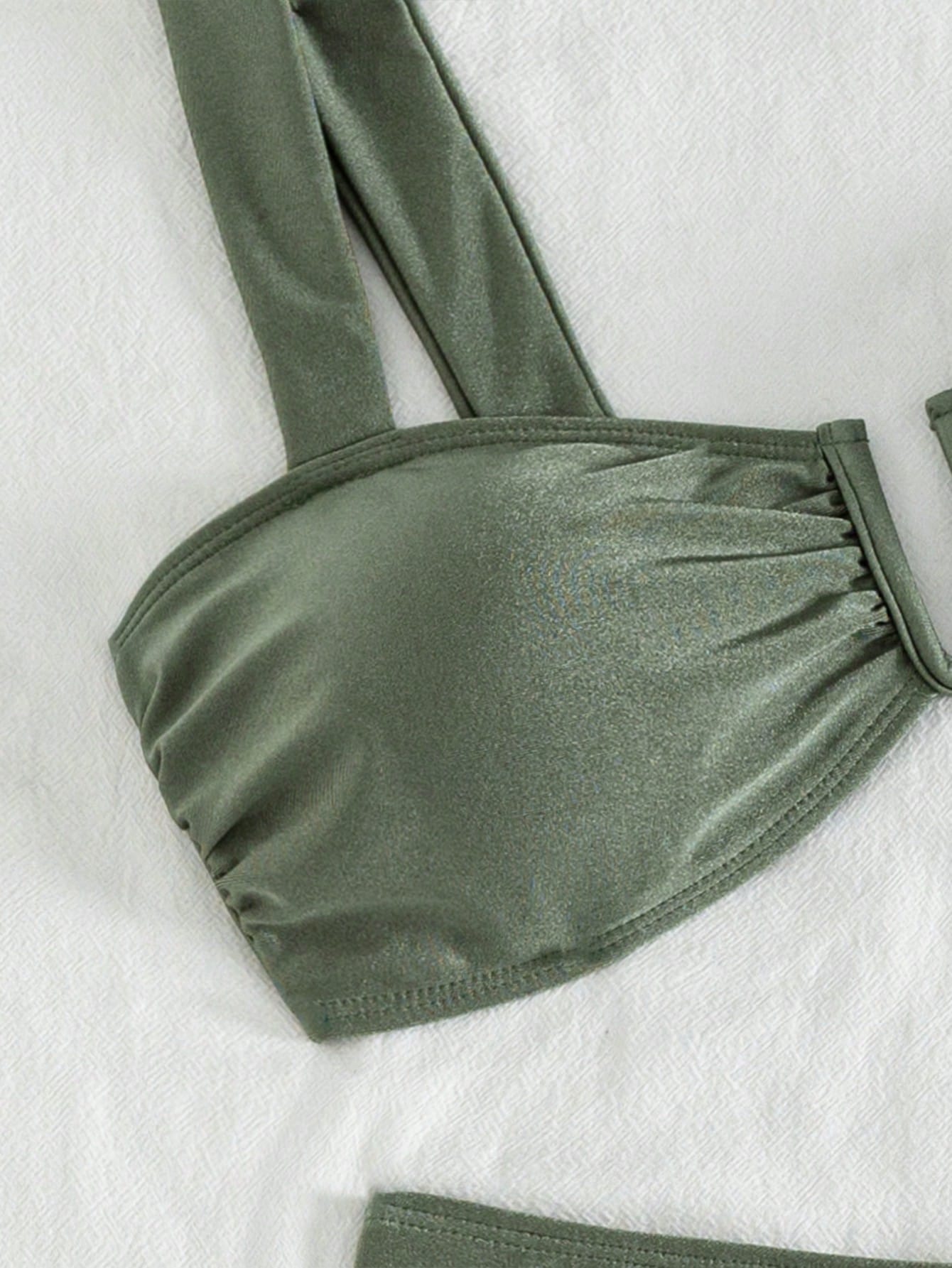 Women's Solid Color Shiny Fabric U-Tiered Accessories Thick Shoulder Strap Bikini 2 Pieces Set For Summer - image 5
