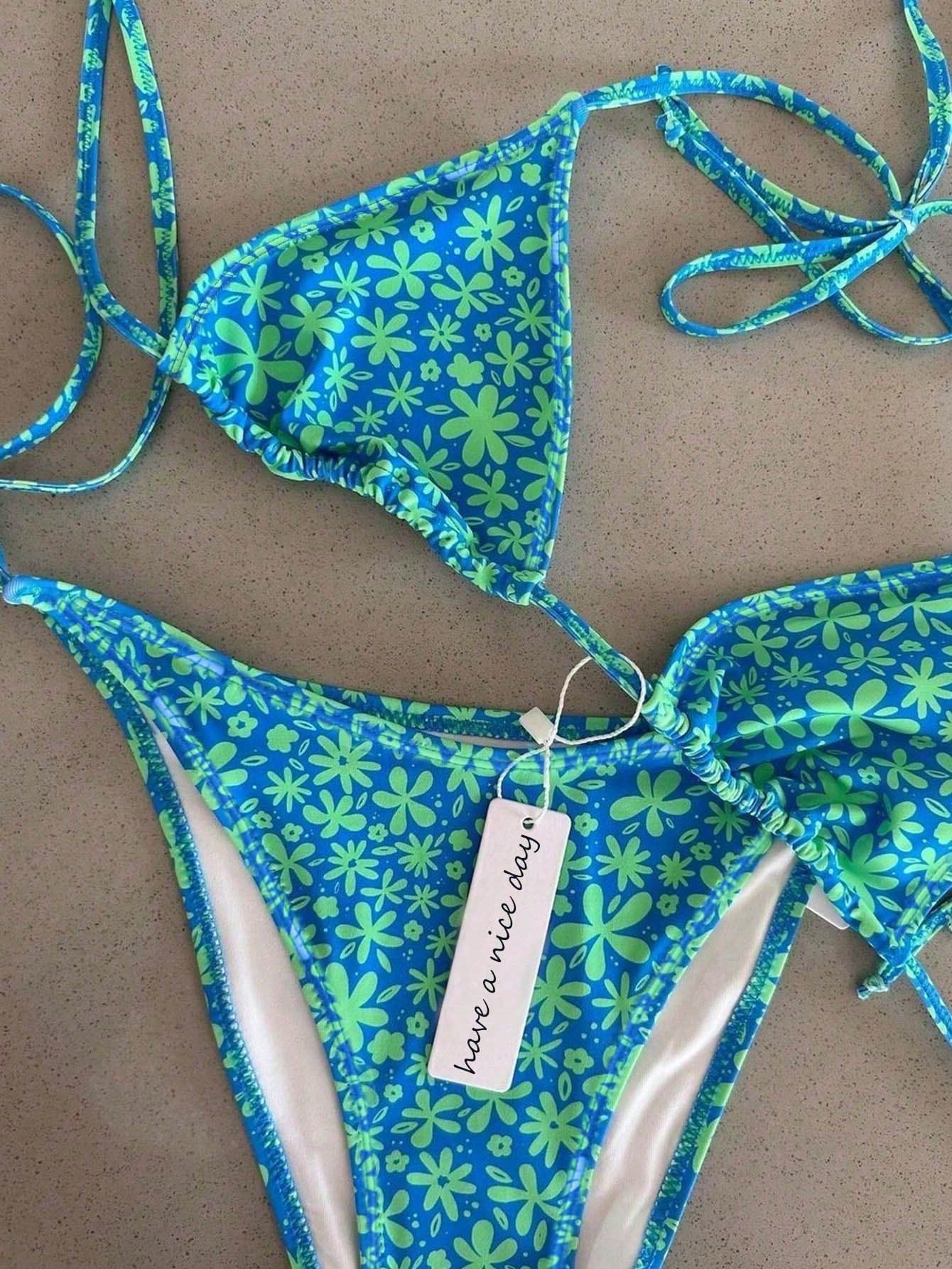 Vintage Orange Striped Halter Neck Swimsuit Set, Sexy Push-Up High