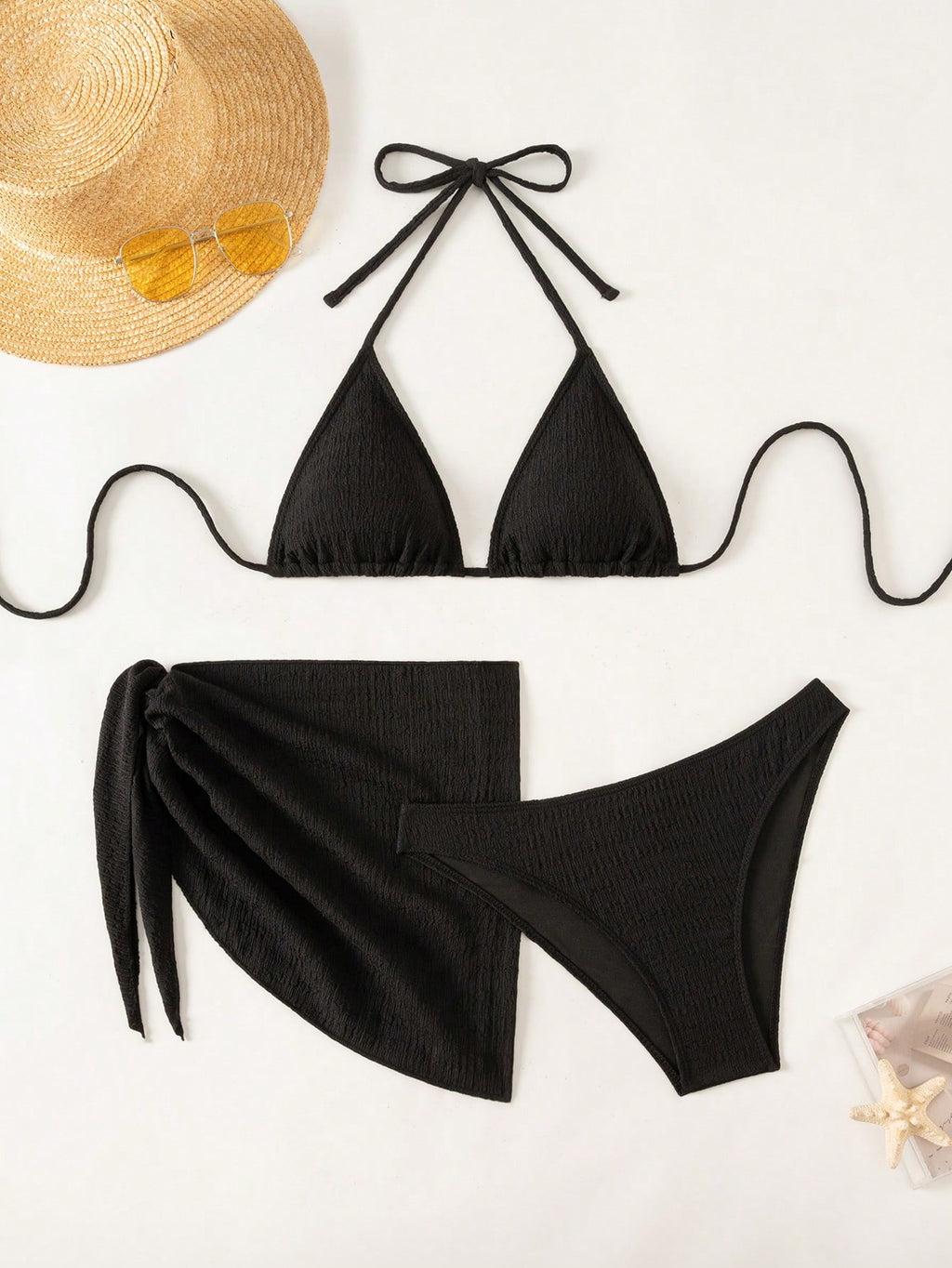Swim Basics 3pcs/Set Women Solid Color Halter Neck Swimsuit, Triangle