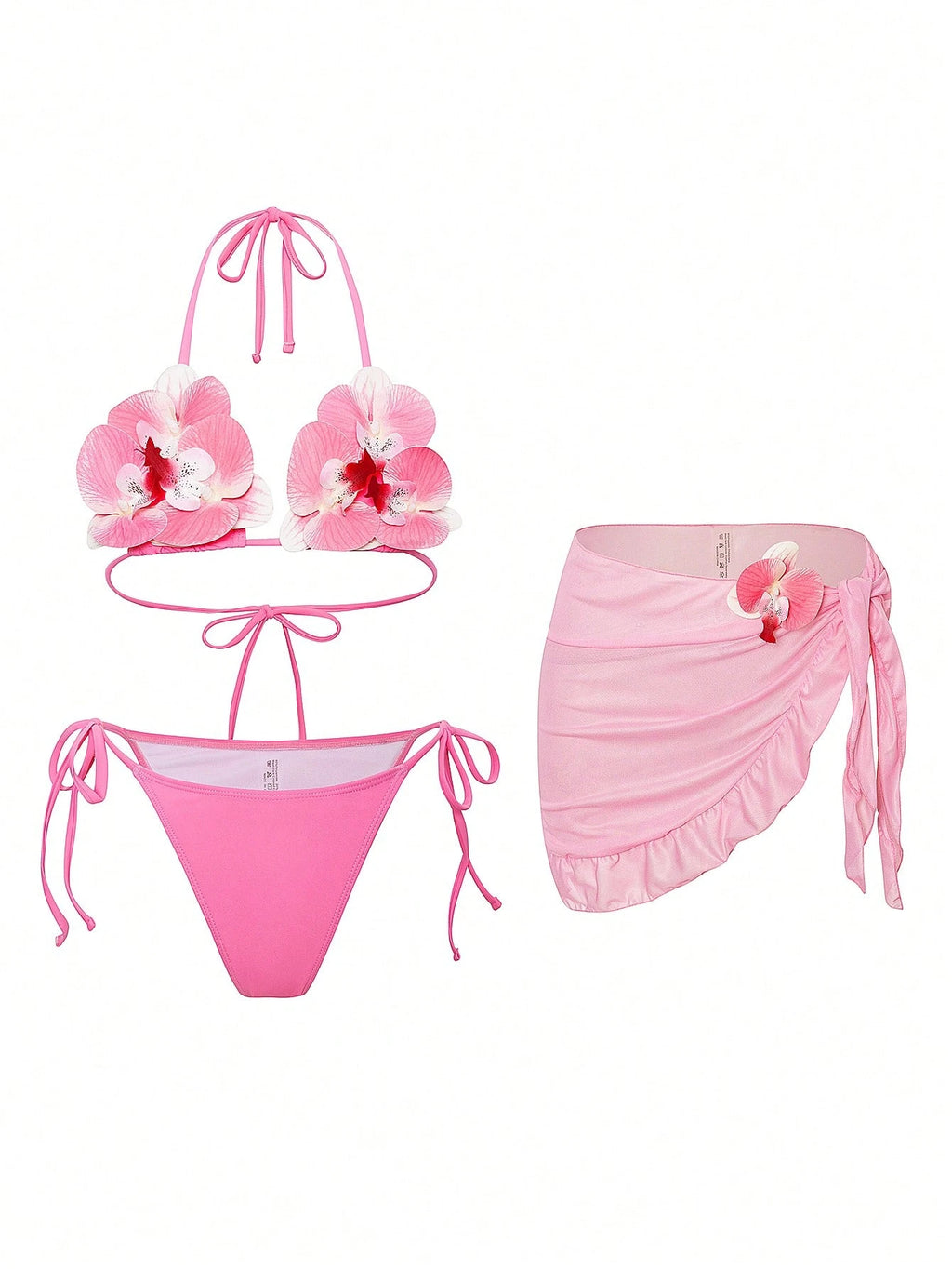 Swim SXY New Fashionable 3pcs/Set 3D Orchid Halter Bikini Top, Tie-Up Triangle B