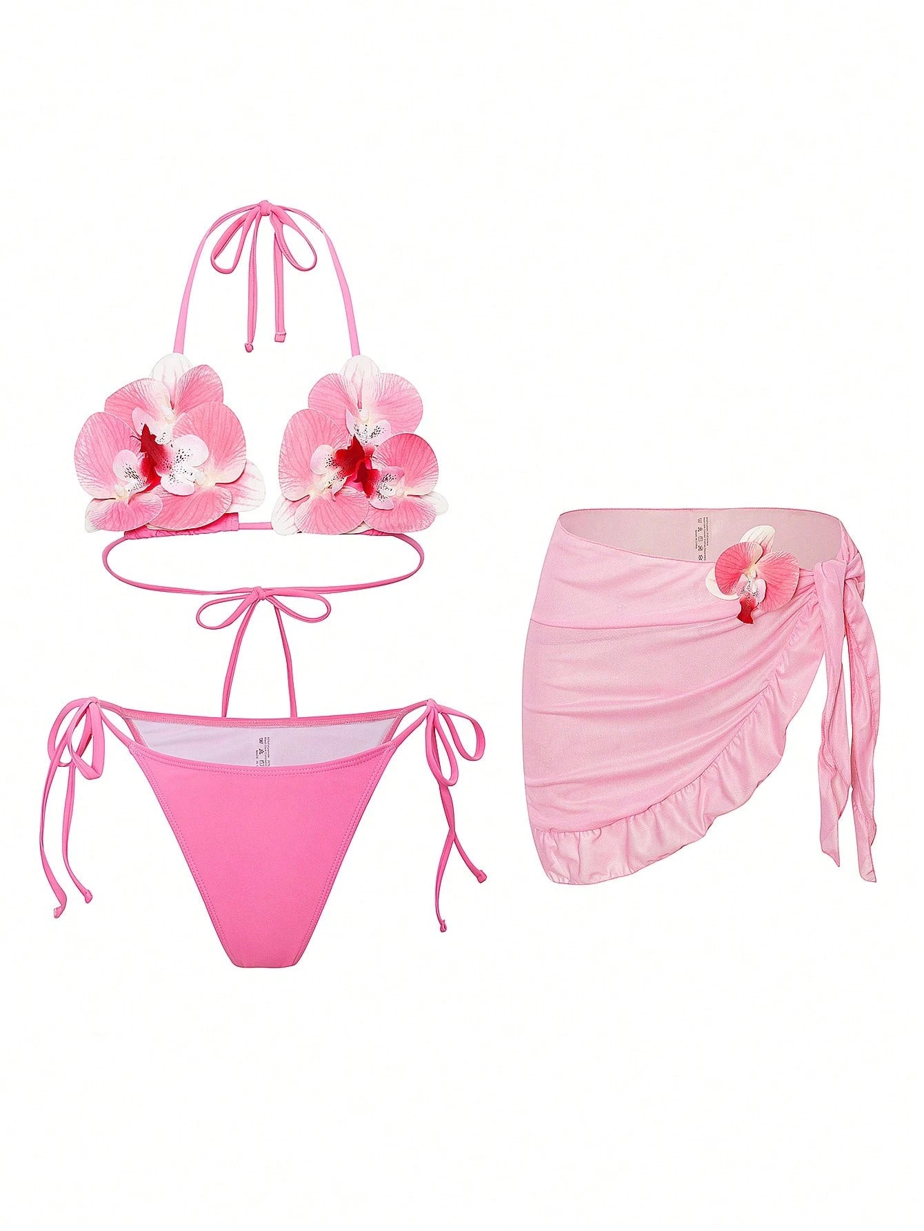 Swim SXY New Fashionable 3pcs/Set 3D Orchid Halter Bikini Top, Tie-Up Triangle B