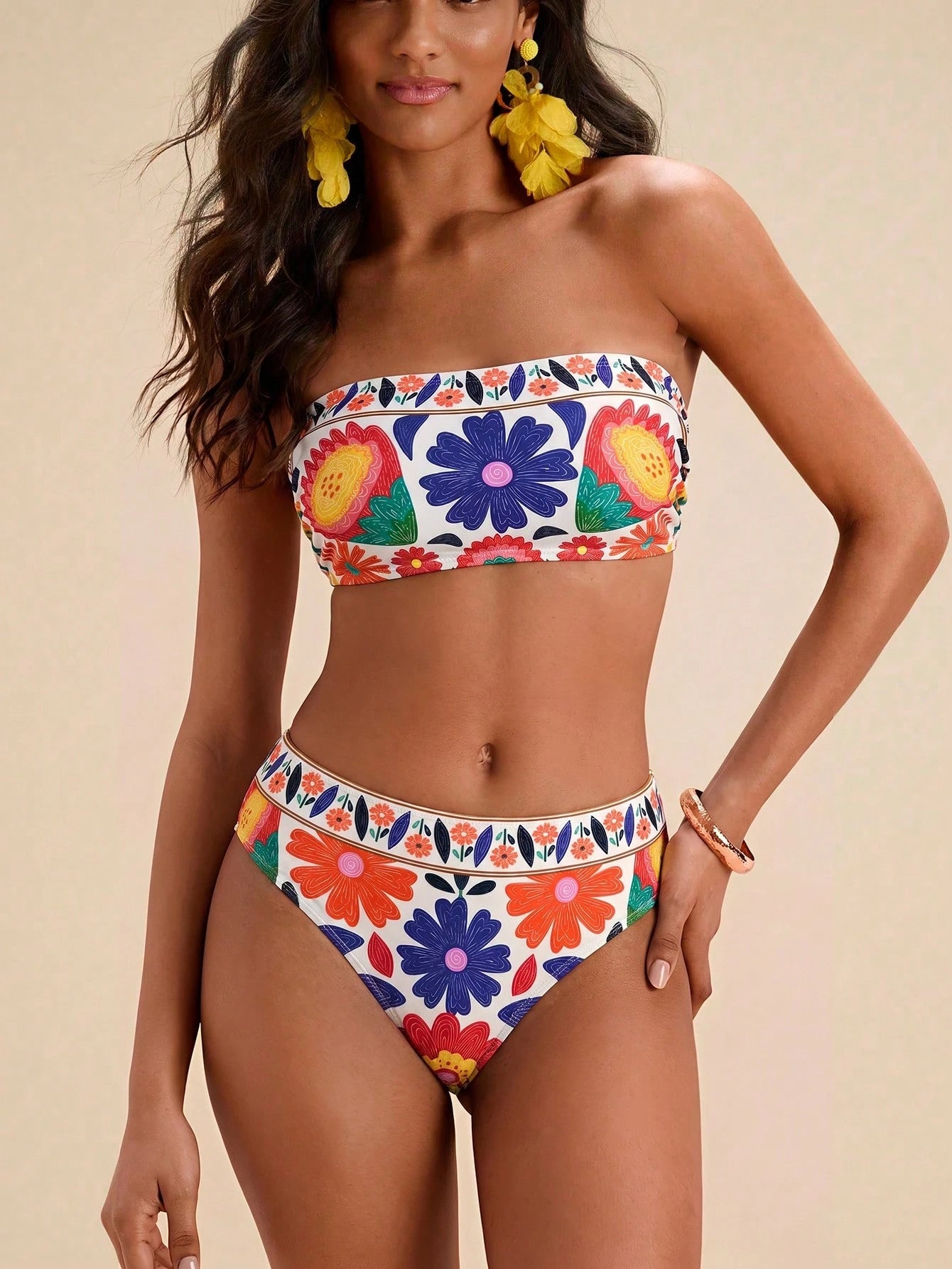 Travachic Women Floral Print Bandeau Bikini Set,Summer Outfits For