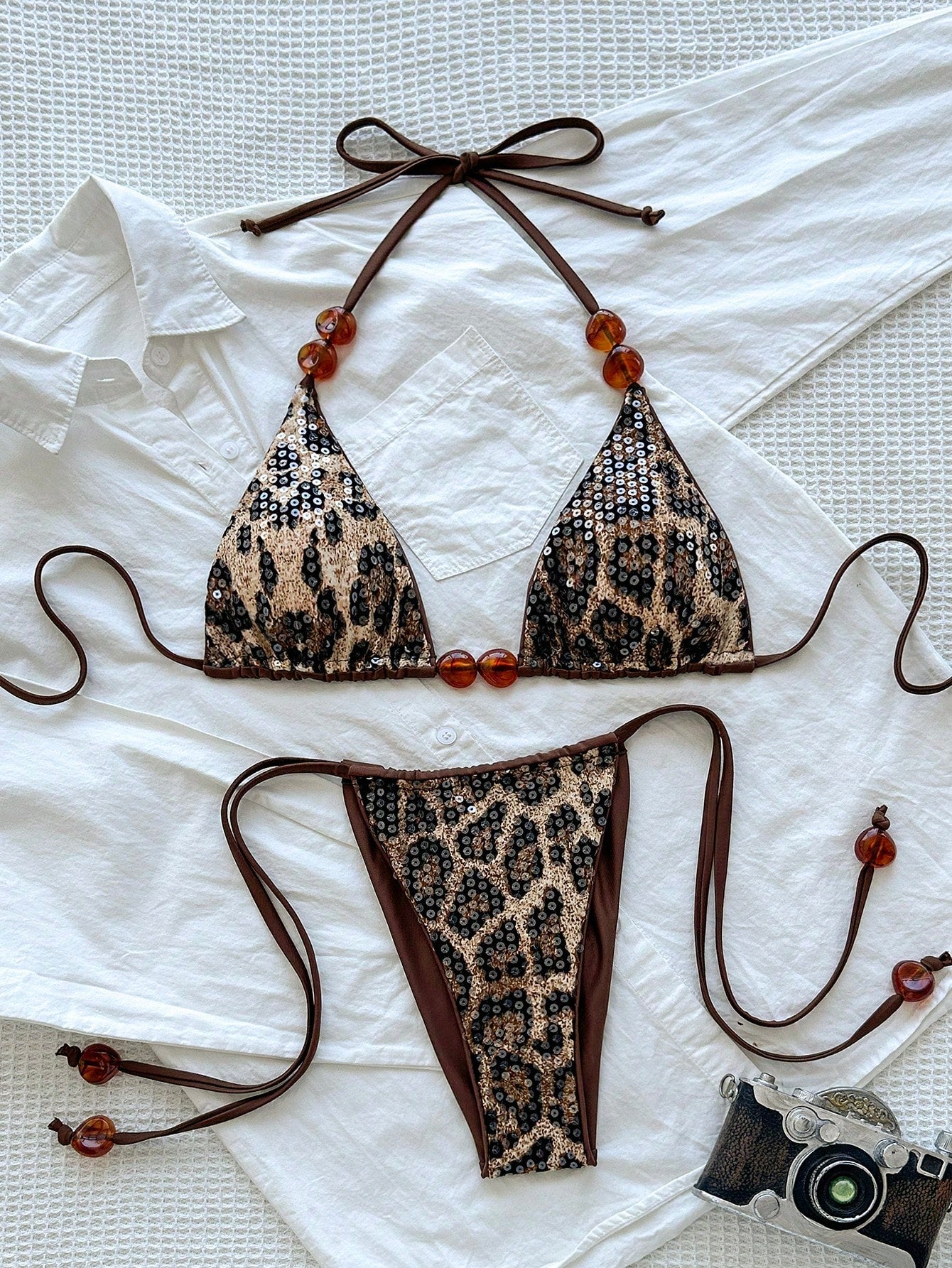 Swim SXY 2pcs/Set Women's Sexy Beaded & Sequin Decorated Spaghetti Strap Halter