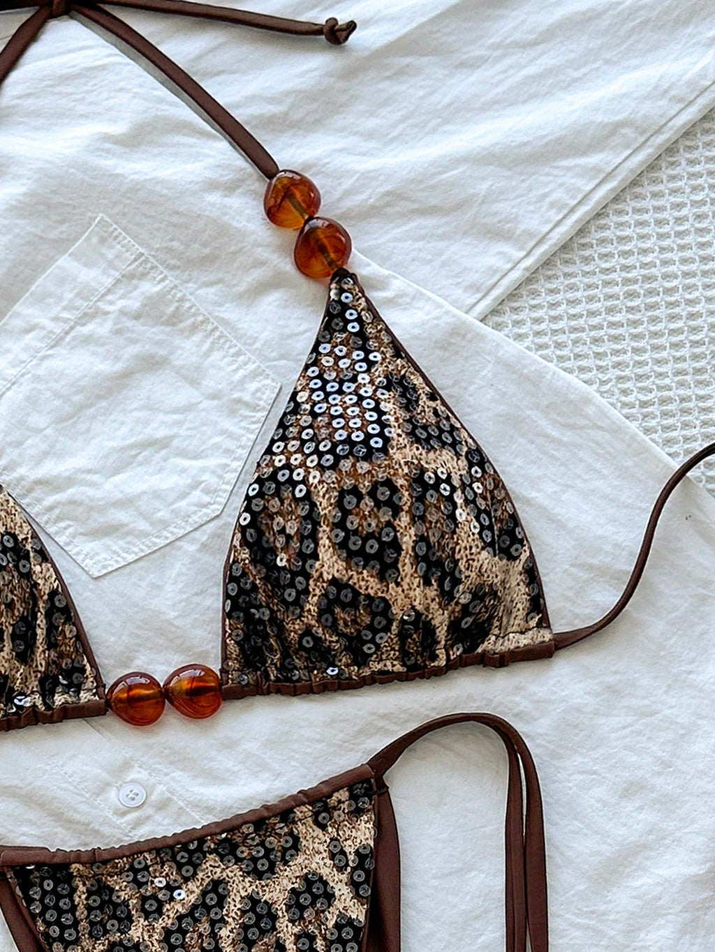 Swim SXY 2pcs/Set Women's Sexy Beaded & Sequin Decorated Spaghetti Strap Halter