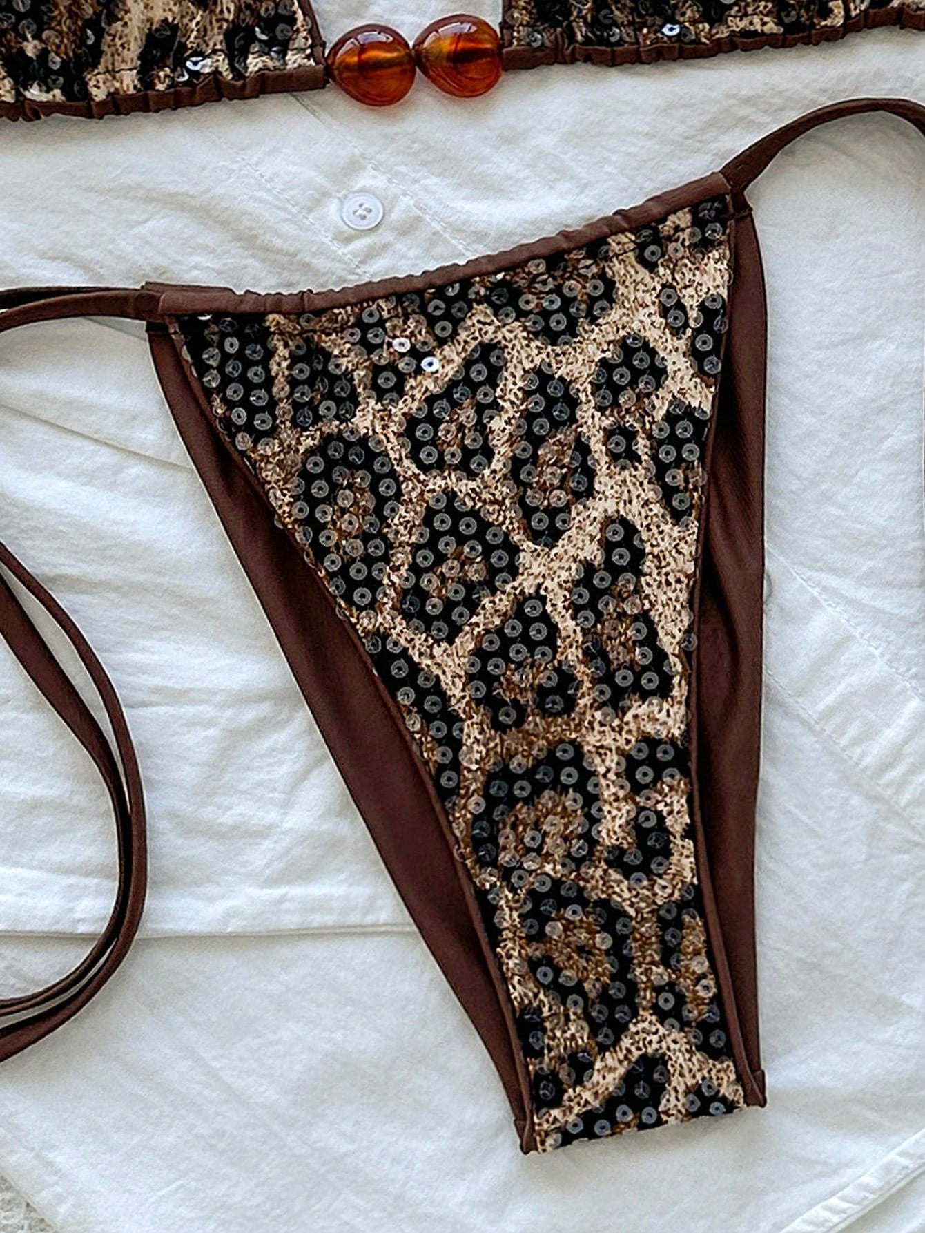 Swim SXY 2pcs/Set Women's Sexy Beaded & Sequin Decorated Spaghetti Strap Halter