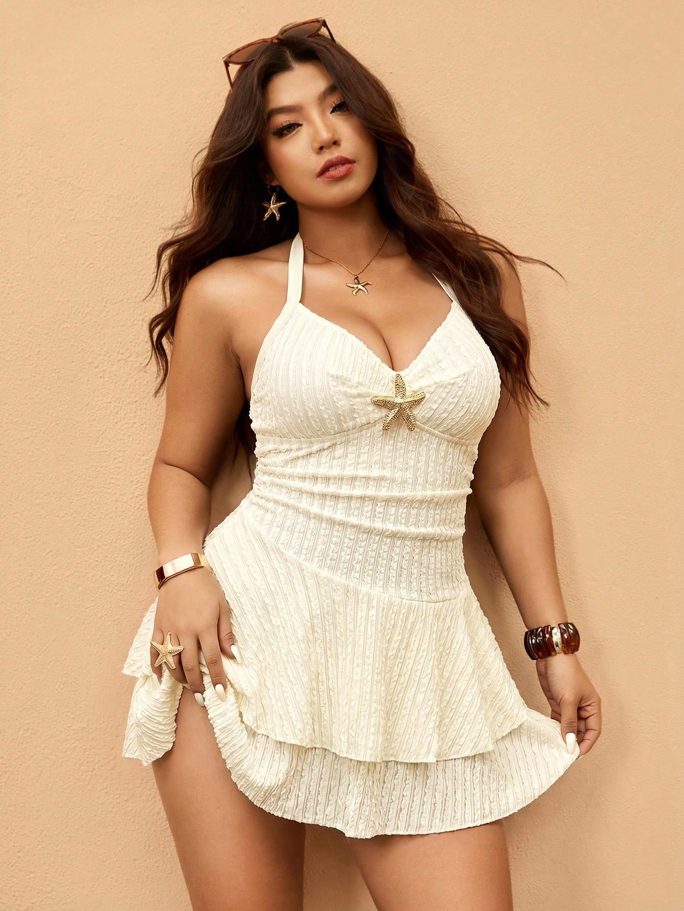 Elaquor Plus Size Women Metal Starfish Decor Halter Swimdress With Swimshorts Spring Beach Vacation Outfit - image 16