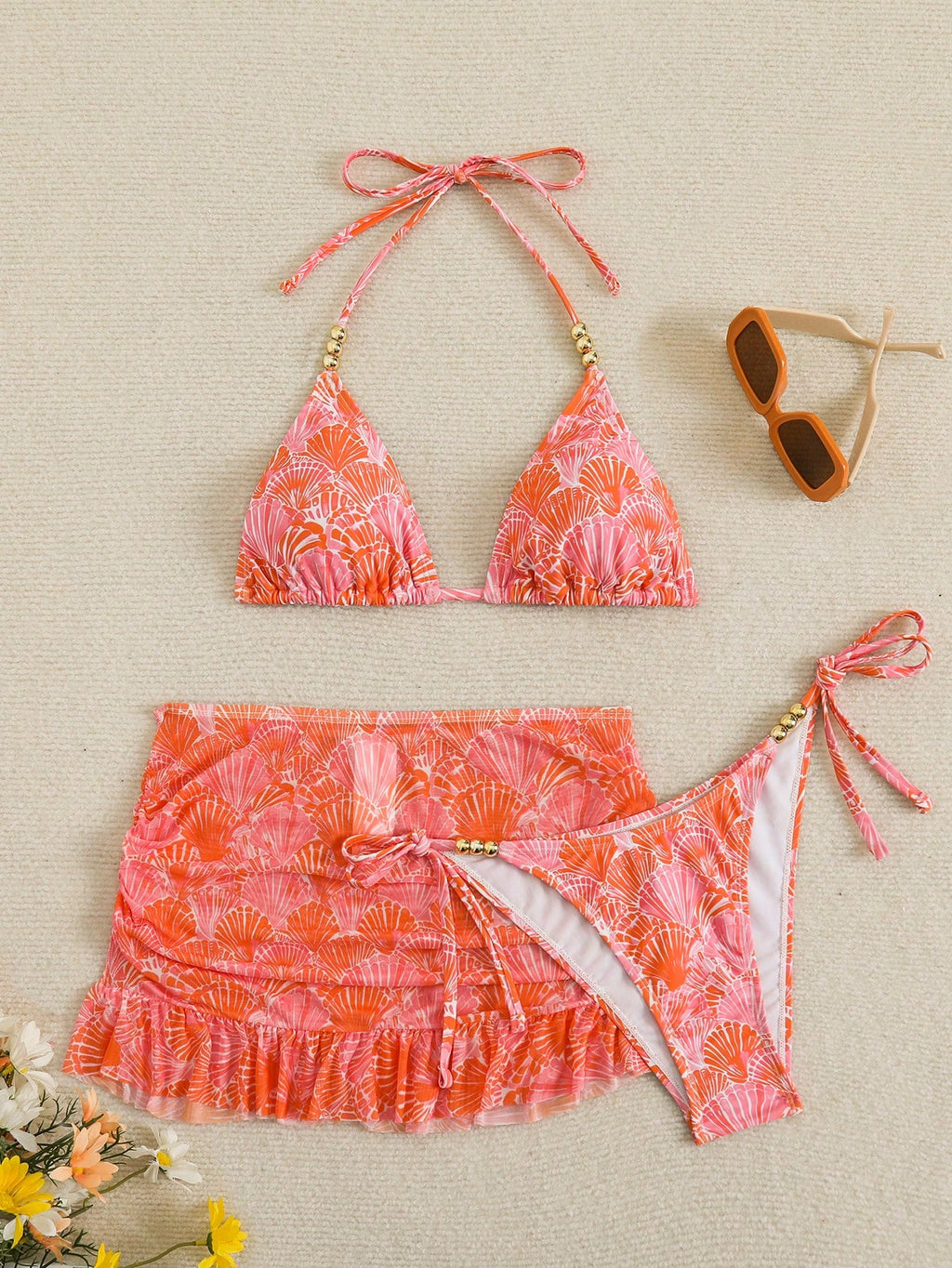 Swim SXY 3pcs Women's Sexy Solid Color V-Neck Halter Tie Bikini Set