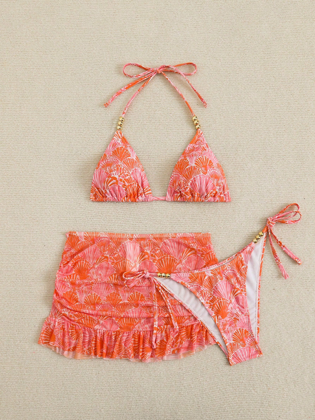 Swim SXY 3pcs Women's Sexy Solid Color V-Neck Halter Tie Bikini Set