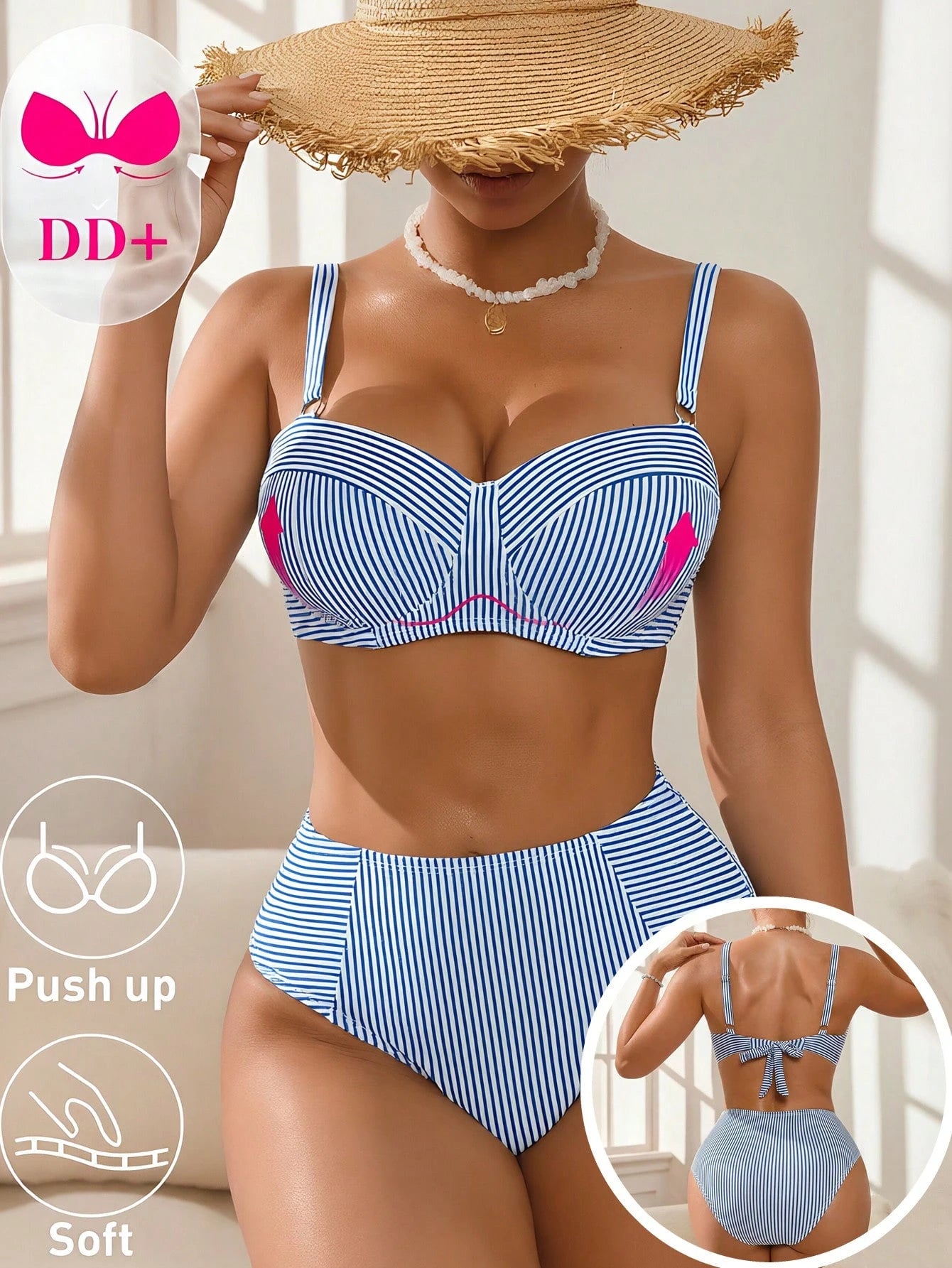 Swim DD+ Women's Blue Striped Underwire DD+ Cup Supportive Bust Enhancing Slimming 2-Piece Swimwear, Suitable - image 5