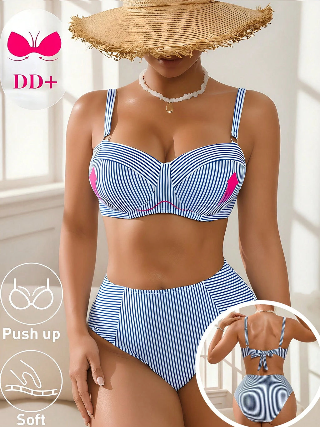 Swim DD+ Women's Blue Striped Underwire DD+ Cup Supportive Bust