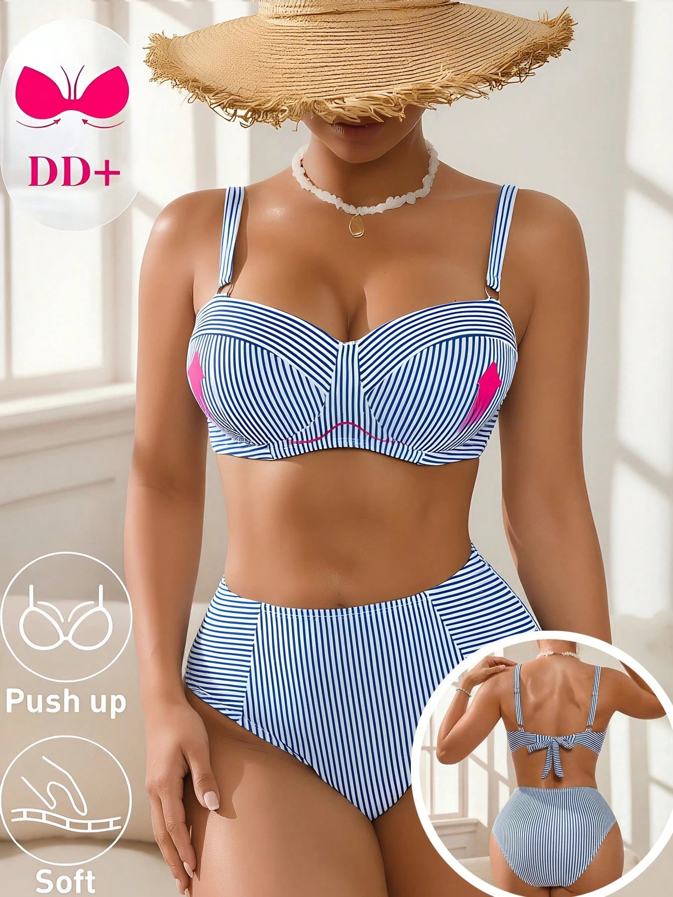 Swim DD+ Women's Blue Striped Underwire DD+ Cup Supportive Bust