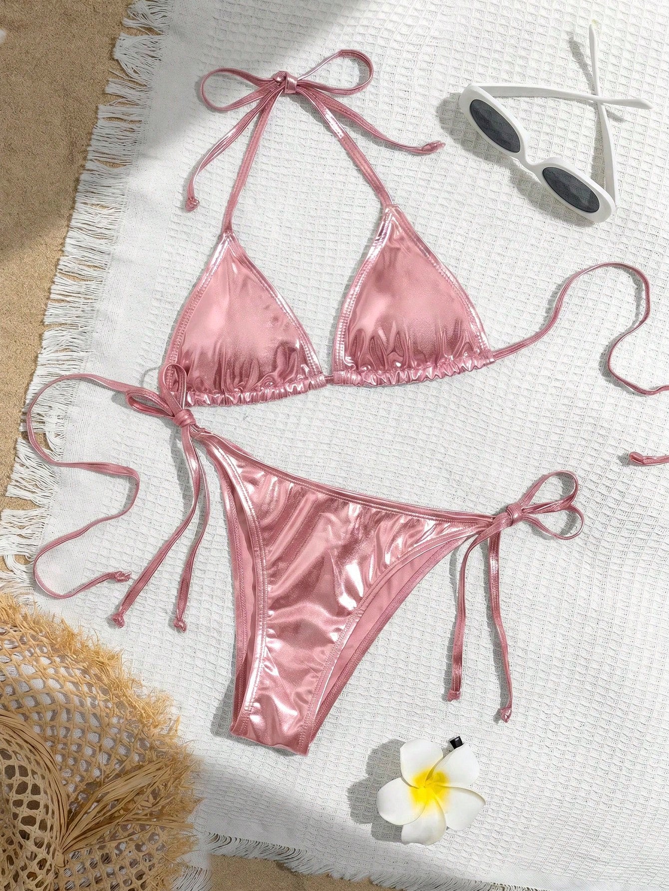 Swim Vcay Solid Color Neck Tie Split Bikini Swimsuit, Summer - image 10
