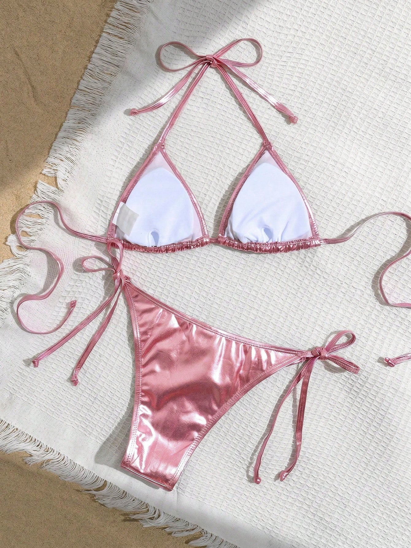 Swim Vcay Solid Color Neck Tie Split Bikini Swimsuit, Summer