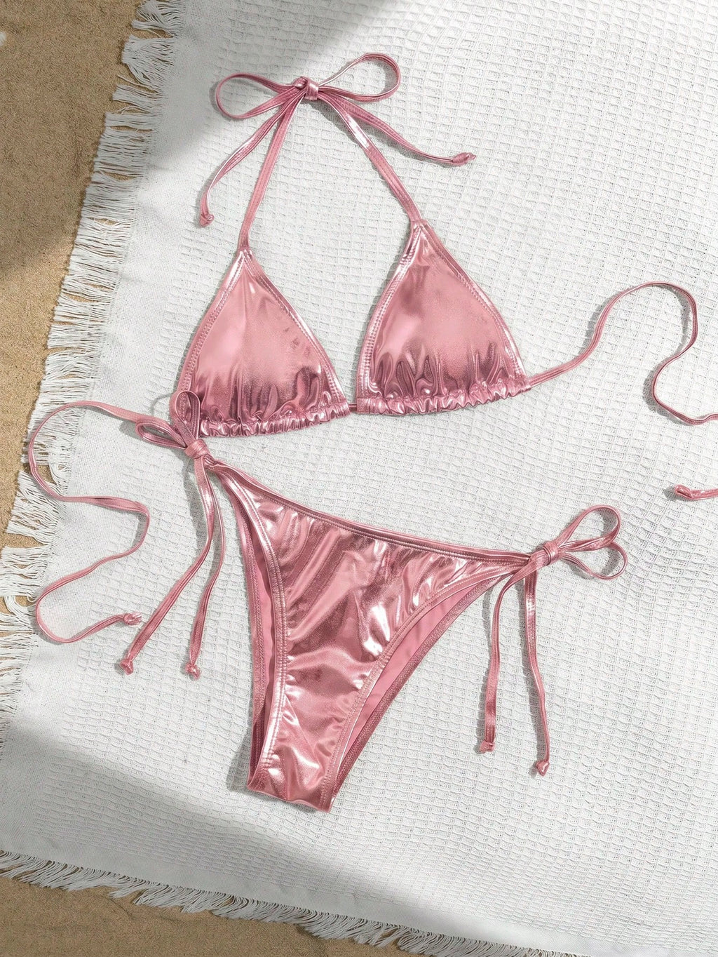 Swim Vcay Solid Color Neck Tie Split Bikini Swimsuit, Summer