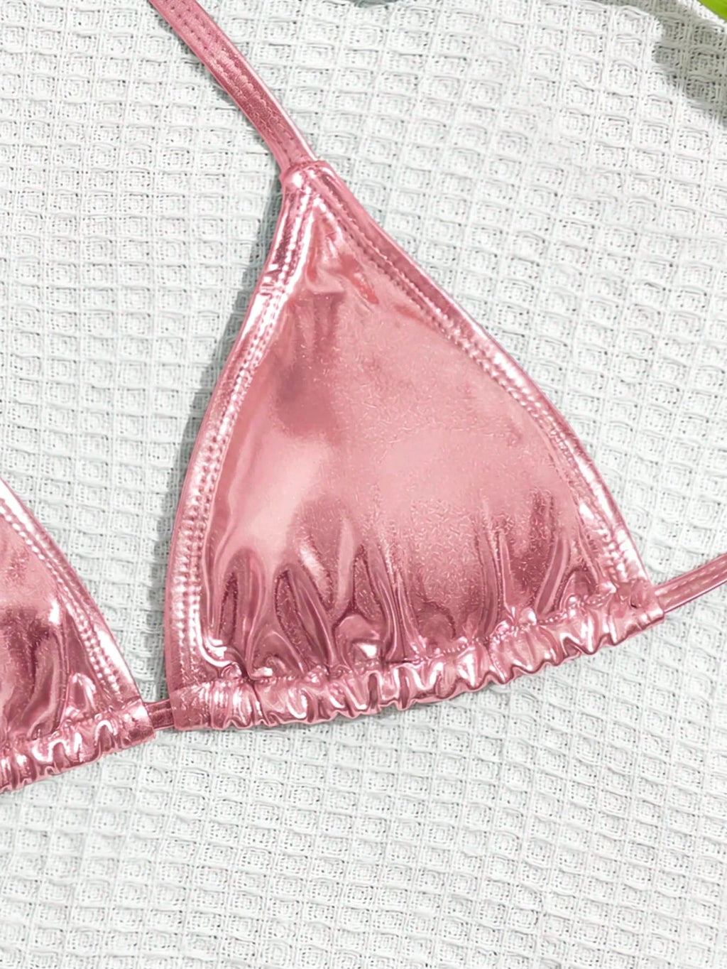 Swim Vcay Solid Color Neck Tie Split Bikini Swimsuit, Summer